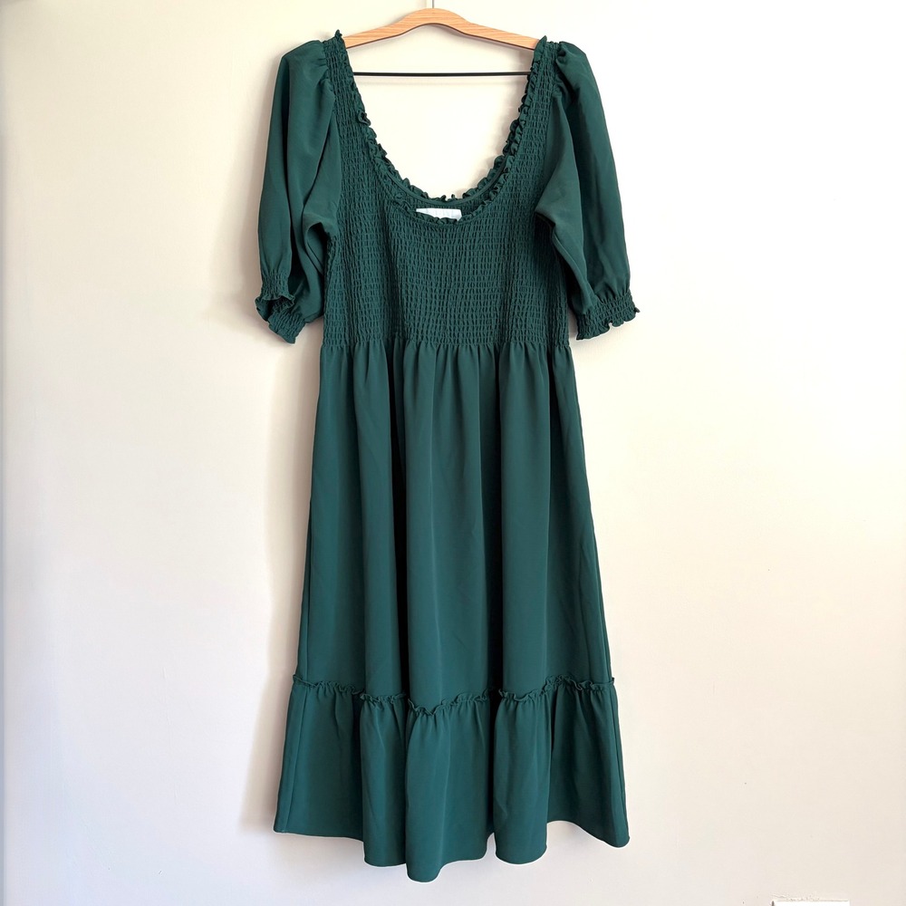 Hill House Home The Louisa Nap Dress XL Green Smocked Midi Puff Sleeve Tiered